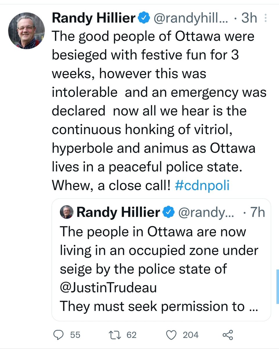 He continues to fight against our police forces and our democratically elected govt by openly supporting and encouraging the #OttawaSiege to continue.  
#ExpelRandyHillier
#ArrestRandyHillier
