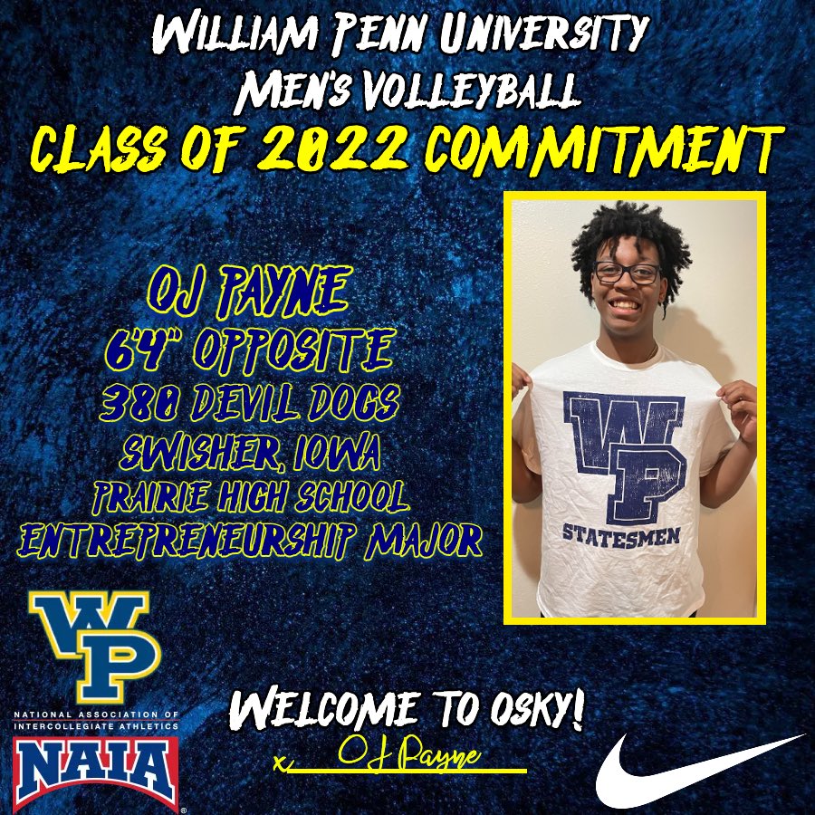StatesmenMVB's tweet photo. 🚨Commitment Alert🚨
Statesmen Nation join us in welcoming 2022 OJ Payne to WPU and the MVB Family! OJ is from Swisher, IA and he plays volleyball for @380DevilDogsVB. OJ will be a entrepreneurship major! Welcome to the MVB family and Osky. #naia #oskyscollegeteam #wake2022 https://t.co/rRYH3qdHFi