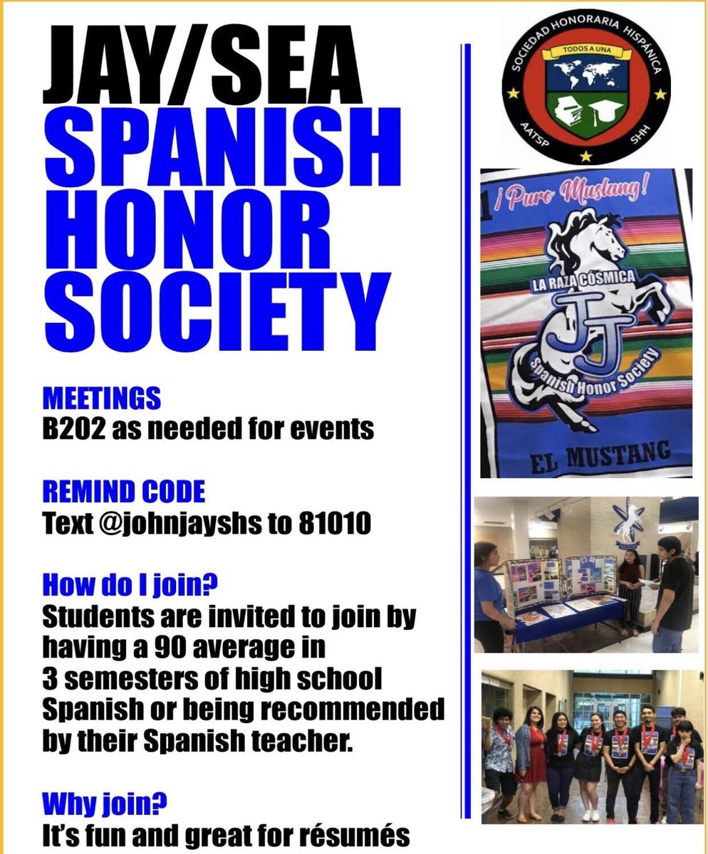 JohnJSHS_DAyala's tweet photo. Save the Date: May 12th, 2022 is the Spanish Honor Society Induction Ceremony! Invitations will be sent next week! ¡Suban las J’s!! 💙💙 @NISDJaySEA @NISDJay @JJHS_JOURNALISM @jjhstuco @JJStangSoccer @JJHSVball @JayMustangFB @john_jay_cheer @johnjaysoccer @jay_mariachi https://t.co/aCyp8h4PUS