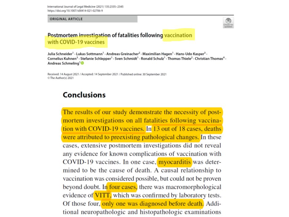 P_McCulloughMD's tweet photo. Schneider et al, autopsy data showed 5/18 were causally related.  Major fatal diagnoses were myocarditis and VITT.  Importantly not all came to clinical recognition antemortem.  Key points are that the deaths are real and not all can be prevented. https://t.co/RacdTKQYEC