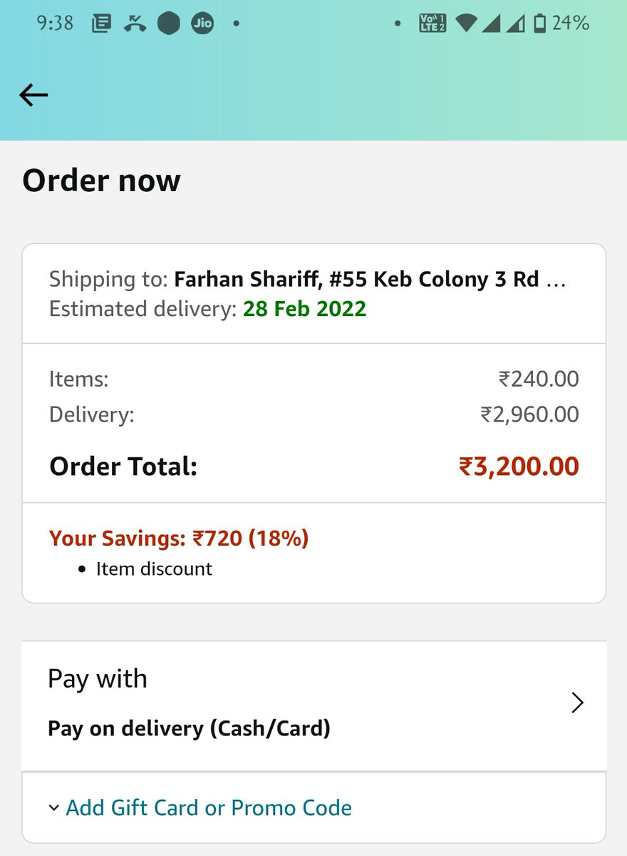 ifarhanking's tweet photo. Item Price 240rs 
Delivery Charges 2960rs 🤣🤣🤣 
Seriously Amazon ?
@amazonIN https://t.co/Ktdpyl81zp