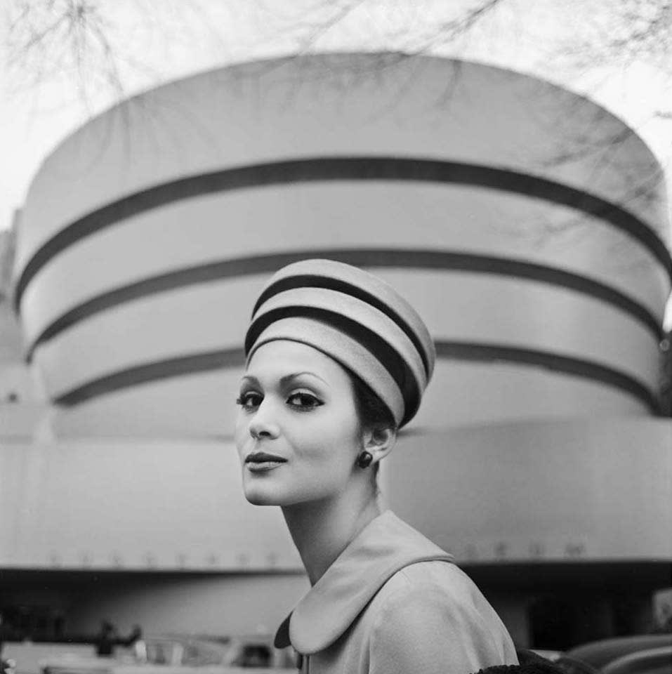 20th century milliner Sally Victor’s <a href="/Guggenheim/">Guggenheim New York</a> inspired hat, worn by model Isabella Albonico. 

Photo by Tony Vaccaro, 1960.