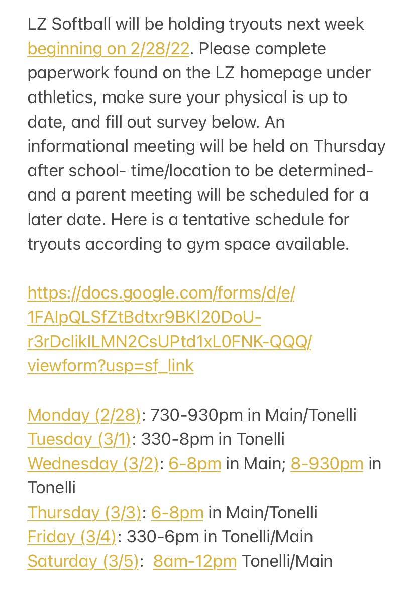 LZ Softball Tryouts:  docs.google.com/forms/d/e/1FAI…