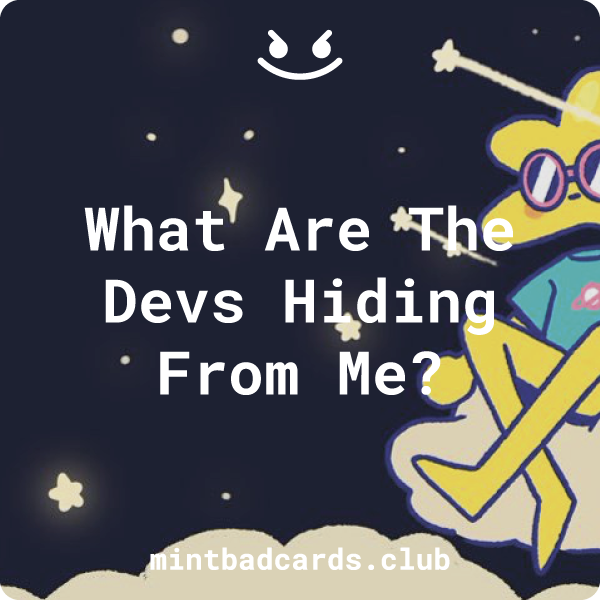 playbadcards's tweet photo. What Are The Devs Hiding From Me? @shiralazar @iSocialFanz @badcardsclub @loserclubreborn @StarcatchersNFT https://t.co/1SnumLbQXt 

Come join the space!
https://t.co/5SvkGZJa7u https://t.co/VfCzN02AQL