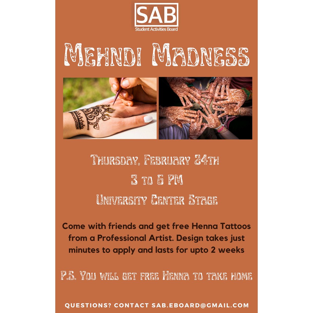 umd_sab's tweet photo. Come get free henna tattoos from a professional artist! Designs take just minutes to apply and last up to two weeks. SAB invites you for an evening full of multi-cultural celebrations on Thursday, February 24th from 3-6 PM at the UC Stage! Take free henna home as well!! https://t.co/QpXdtgVdca