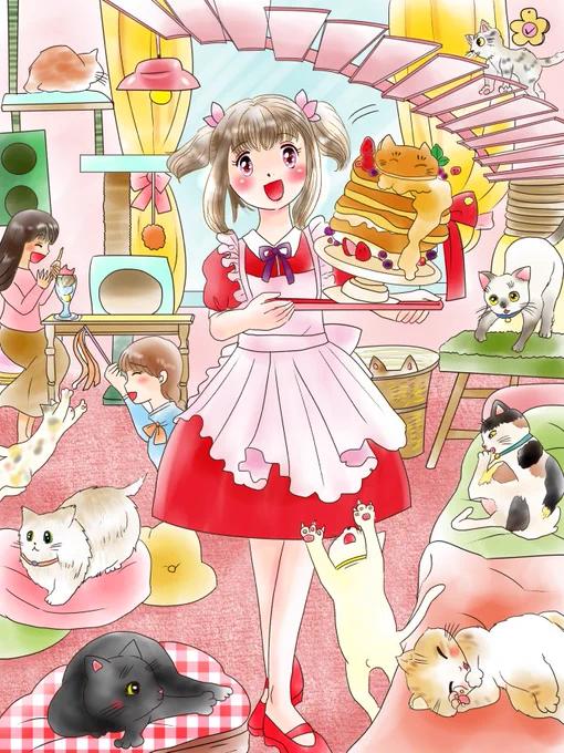ついでに福娘様のお仕事で描かせていただいた猫カフェ漫画と恋まほ漫画内で猫カフェにふれたページを載せますね☀ 