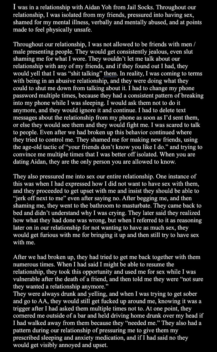 4HWVZ79DKsHLHdD's tweet photo. my story with Aidan Yoh from Jail Socks
TW: detailed description of sexual coercion, emotional abuse, mentions of physical abuse, mentions of alcohol abuse. https://t.co/AInJjRmhk3