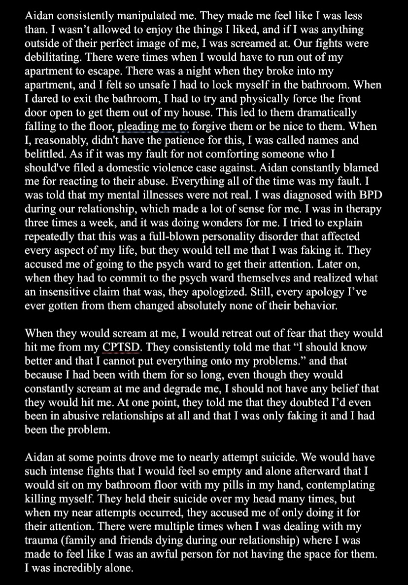 4HWVZ79DKsHLHdD's tweet photo. my story with Aidan Yoh from Jail Socks
TW: detailed description of sexual coercion, emotional abuse, mentions of physical abuse, mentions of alcohol abuse. https://t.co/AInJjRmhk3