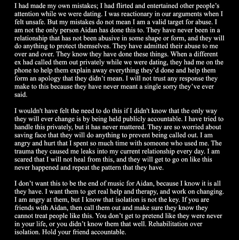 4HWVZ79DKsHLHdD's tweet photo. my story with Aidan Yoh from Jail Socks
TW: detailed description of sexual coercion, emotional abuse, mentions of physical abuse, mentions of alcohol abuse. https://t.co/AInJjRmhk3