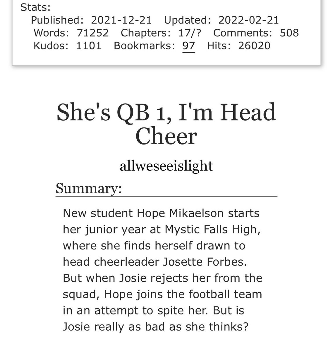 HosieStan69's tweet photo. 🚨🚨🛎 UPDATED TODAY 🛎🚨🚨
She's QB 1, I'm Head Cheer
By allweseeislight
https://t.co/WWTB3NLyJD
#Hosie #lnht #hosiefic #hosiefanfic #hopemikaelson #josiesaltzman https://t.co/LN2uR0wYcD