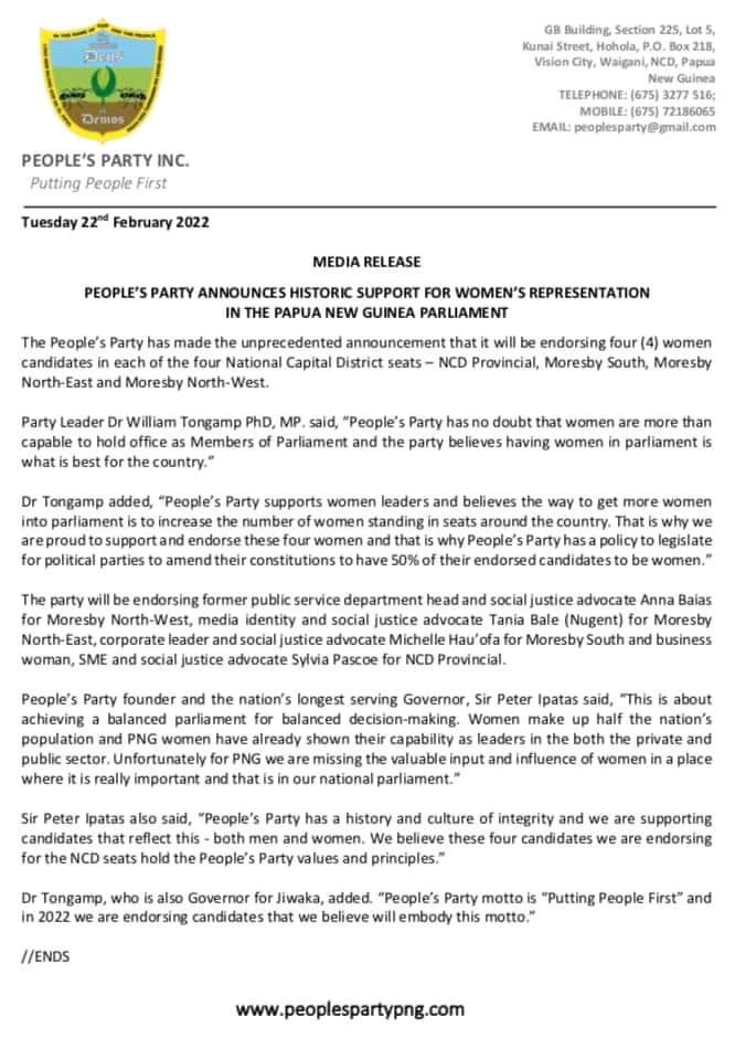 MartynNamorong's tweet image. One for the history books:
People's Party founded by Enga Governor Chief Sir Peter  Ipatas has endorsed four women to contest all four seats in the nation's capital in the upcoming elections. 
#PNG #Election2022 #PawaMeri #LidaMeri 
📸 credit: Pascoe Official