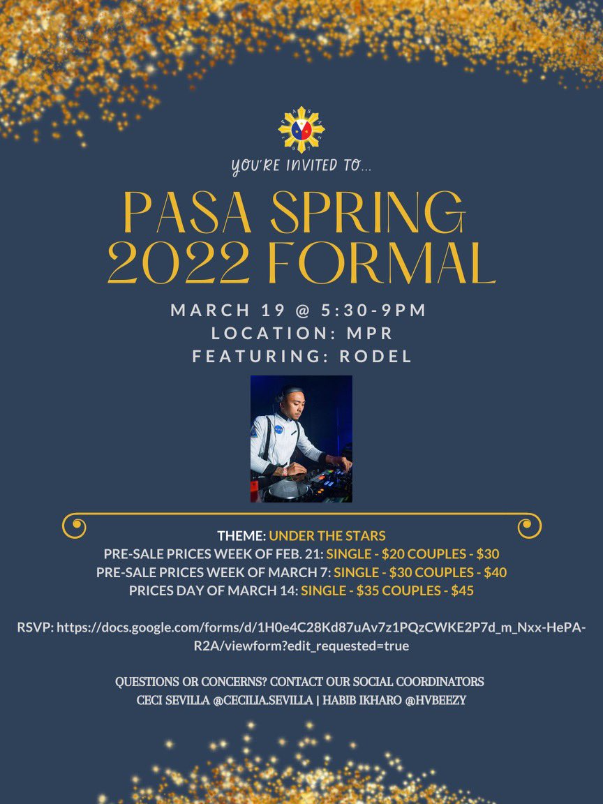 PASAofCSUEB's tweet photo. 🌠PASA Spring 2022 Formal is here! Theme is "Under the Stars" so come dressed up! 
🎟Tickets go on sale February 21 for pre-sale. 
💉Proof of vaccination with booster shot AND proof of negative covid test must be provided upon arrival or when filling out the RSVP form https://t.co/KKSrSrvmuz