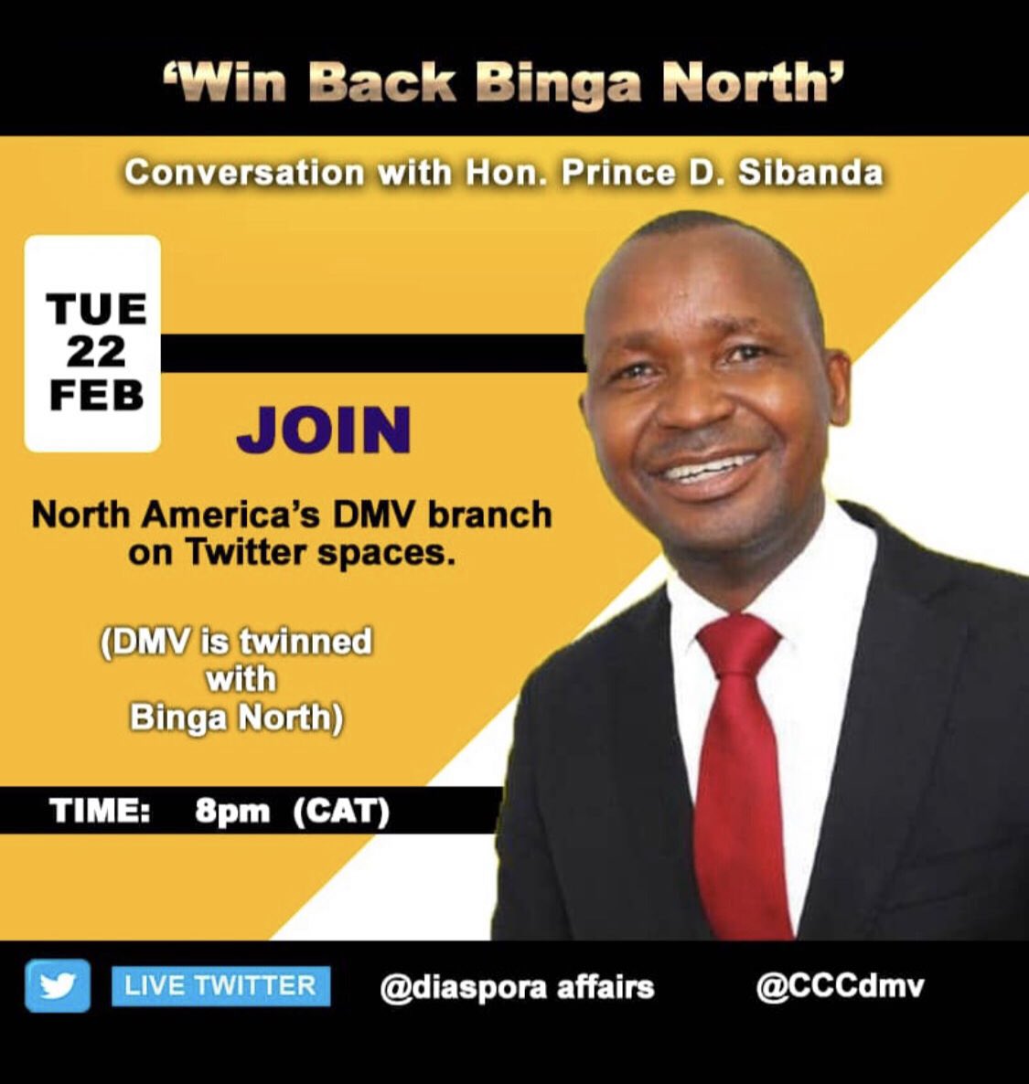 DiasporaDeskZim's tweet photo. 🟡 Winning back  Binga North 

🟡 A conversation with Hon Prince Dubeko Sibanda. 

🟡 @CCC_Diaspora @CCC_DMV 

🟡 20:00 CAT - Zim Time

https://t.co/XDspmno2tl https://t.co/FUsa2CfS7S