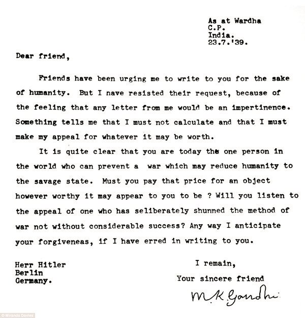 IndiaHistorypic's tweet photo. 1939 :: Mahatma Gandhi's Letter to Adolf Hitler to Prevent  World War II https://t.co/b15L78Tp5B