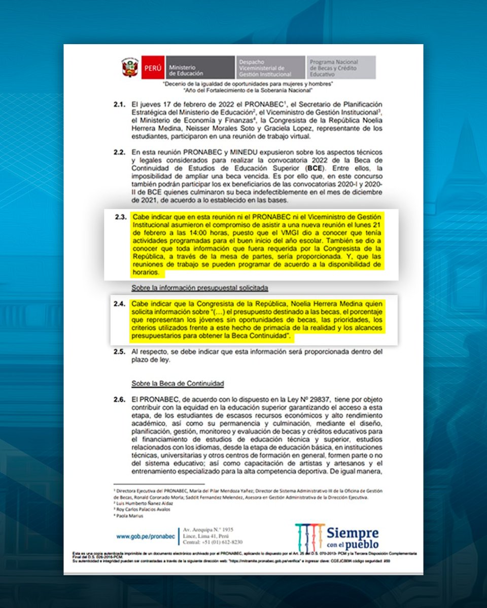 NoeliaCallao's tweet photo. 17/02/22 nos reunimos con @MineduPeru, @PRONABEC &amp; @MEF_Peru para tratar #AmpliaciónBecaContinuidad 🇵🇪

Solicitamos mesa de trabajo por Oficio 200, pero @MineduPeru con Informe 269 dice que no tiene compromiso con los jóvenes 👫

@PedroCastilloTe, ¿y la revolución educativa? 🤥 https://t.co/flA6d1WLzl