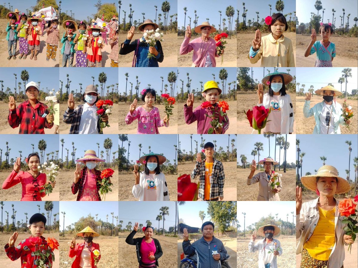 KaungKhantHto10's tweet photo. Locals from #Salingyi &amp; #Yinmarpin joined nationwide “6 Twos Movement” to oppose the #GenocidalMilitary by wearing traditional Thanaka and flowers.

#222222MyanmarStrikes
#2022Feb22Coup
#WhatsHappeningInMyanmar https://t.co/99SHOiQnnd