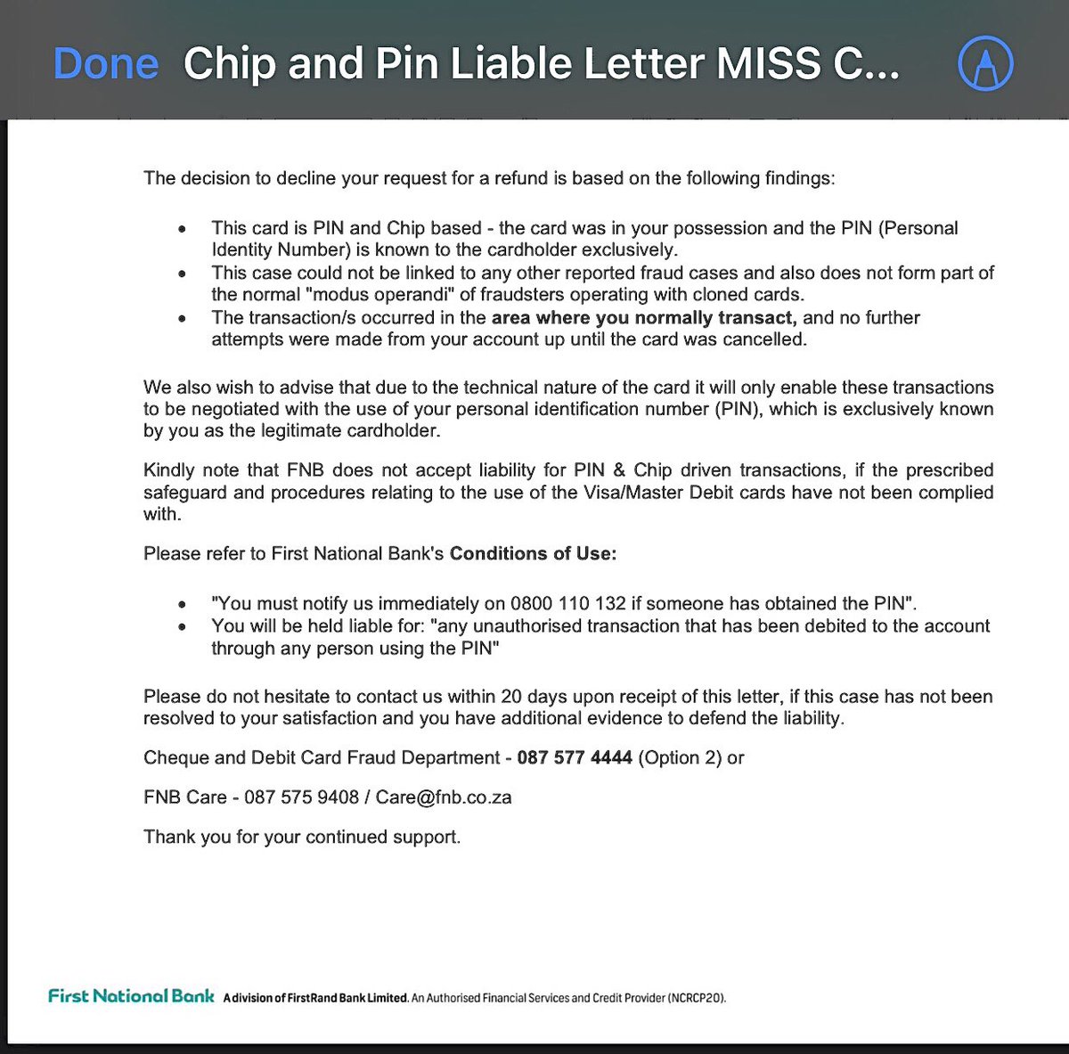 cy_chigwenya's tweet photo. @FNBSA Care dismissed my case, saying I am liable for my PIN, yet security measures failed i.e. I did not receive an SMS or inContact chat for the transactions, my bank limits were changed 4 times without an OTP approval, which is suspicious and suggests fraud sophistication… https://t.co/LJDKnYKsSG