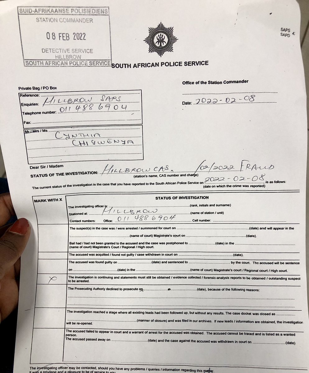 cy_chigwenya's tweet photo. Sincerely, #FNB brand doesn’t gain from my many visits with Police; it reflects poorly on your branch manager. This is my worst experience in 8-yrs I’m with @FNBSA The reasons FNB gives are feeble &amp; evidence-deficient.

Cooperate with SAPS like an ethical bank &amp; pay my money tu! https://t.co/xjmzscIlFQ