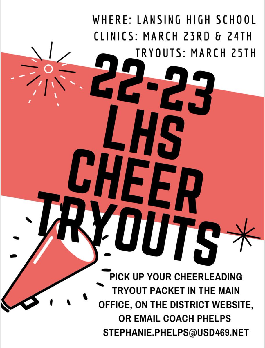 💥Save the date!💥Packets are available on the district website, in the main office at LHS and LMS, or contact Coach Phelps @ stephanie.phelps@usd469.net. #proudoftgepride #LHSCheer