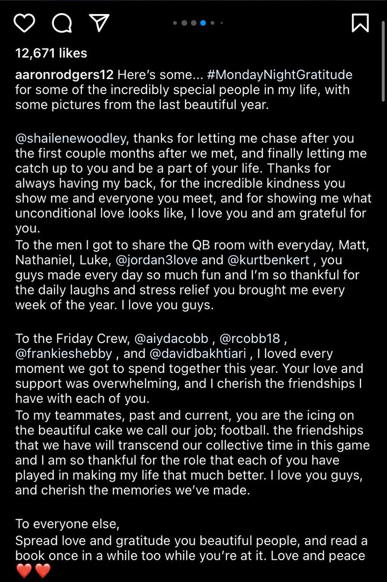 MySportsUpdate's tweet photo. #Packers QB Aaron Rodgers just posted this lengthy message on Instagram and included 10 photos. https://t.co/PFe4HGLd3Z