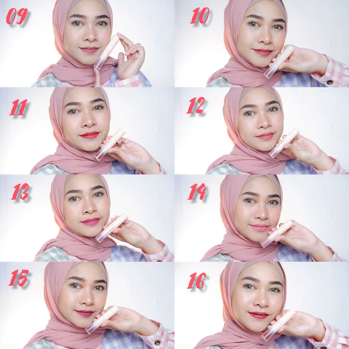 intanfdini's tweet photo. Ini dia warna2 terbarunya, aku cobain shade 08-16 cakep2 parahhh! Nomor berapa favorit kalian? Di ombre no 12 dan 16 juga cakep banget loh 😍 #lipcreamhanasui https://t.co/AWzZkeniBj