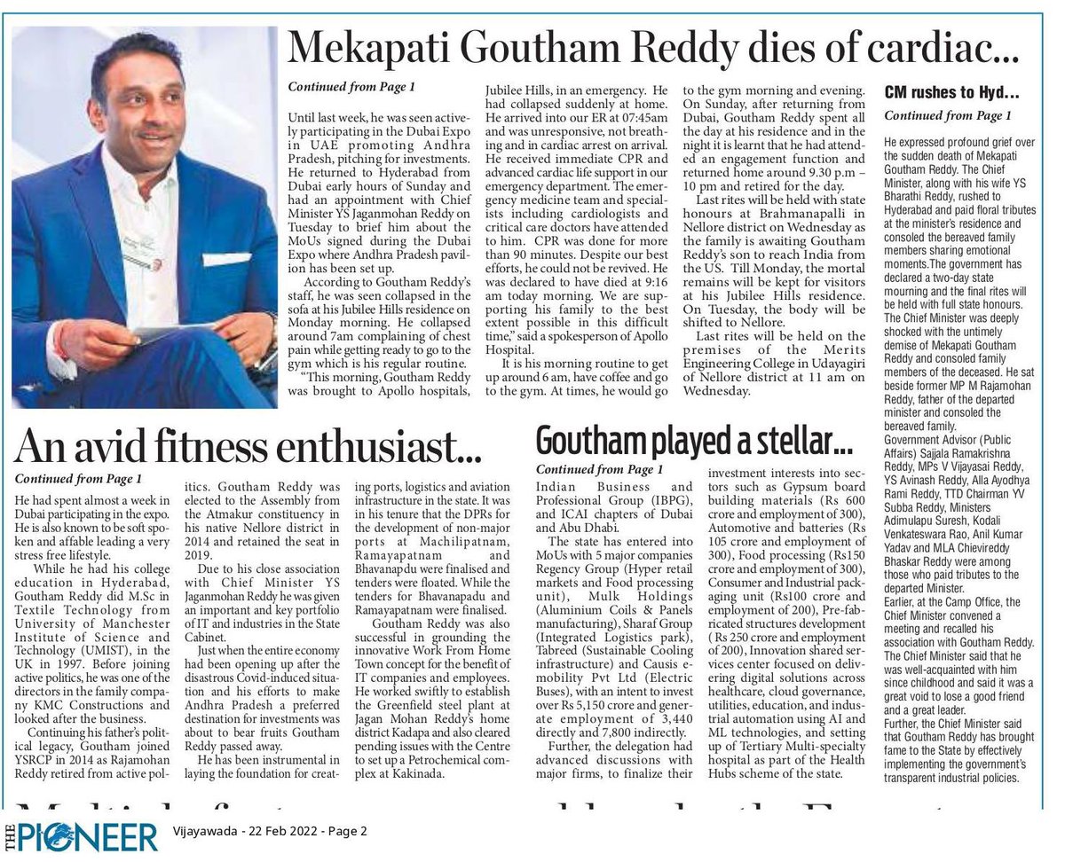 was about to bear fruits @MekapatiGoutham Passed away. He has been instrumental in laying the foundation for creating ports, logistics & aviation infrastructure in Andhra Pradesh. His sudden demise is also huge loss to @YSRCParty especially in Nellore. 2/2