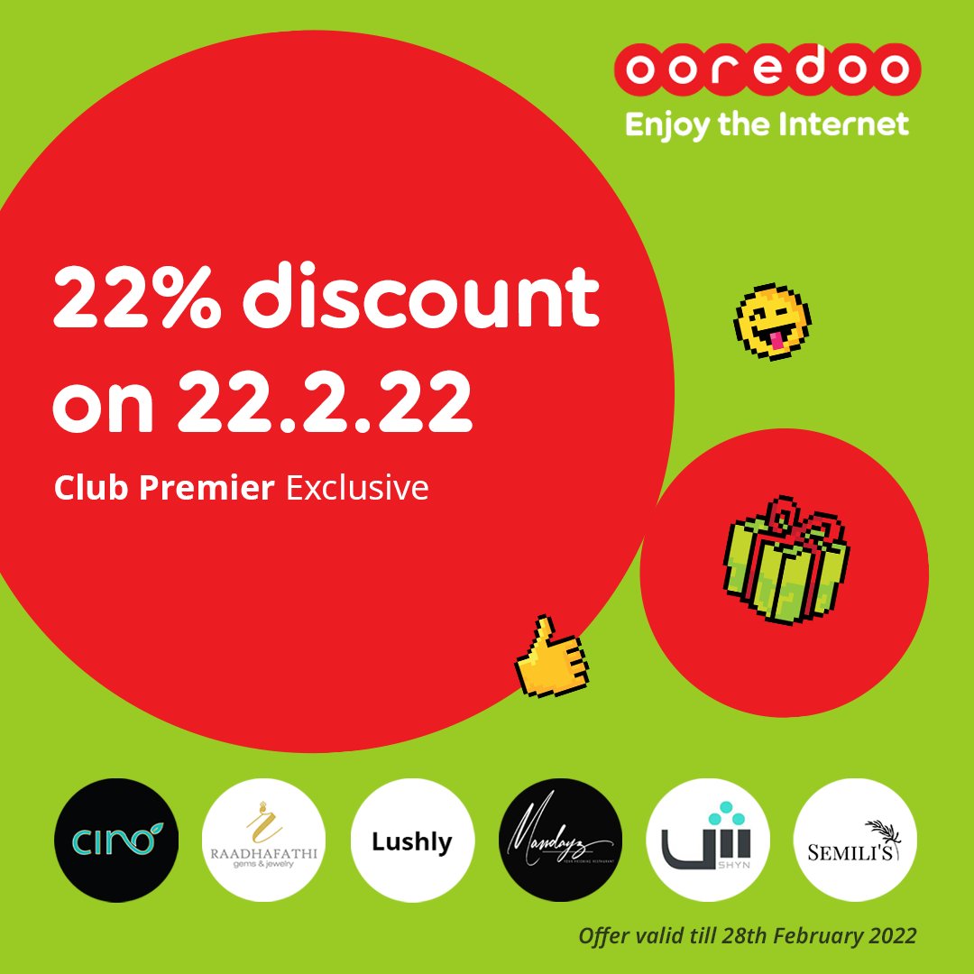 OoredooMaldives's tweet photo. On a special date like 22.2.22, we couldn't miss out on giving a special offer! 😍

✨Enjoy 22% discount from Cino, Raadhafathi Gems &amp; Jewelry, Lushly, Mandayz, @LePerfumeMV and @semili_s 

✨Offer valid till 28th Feb 2022. Exclusive offer for #ClubPremier members. https://t.co/6e7CV9h5u6