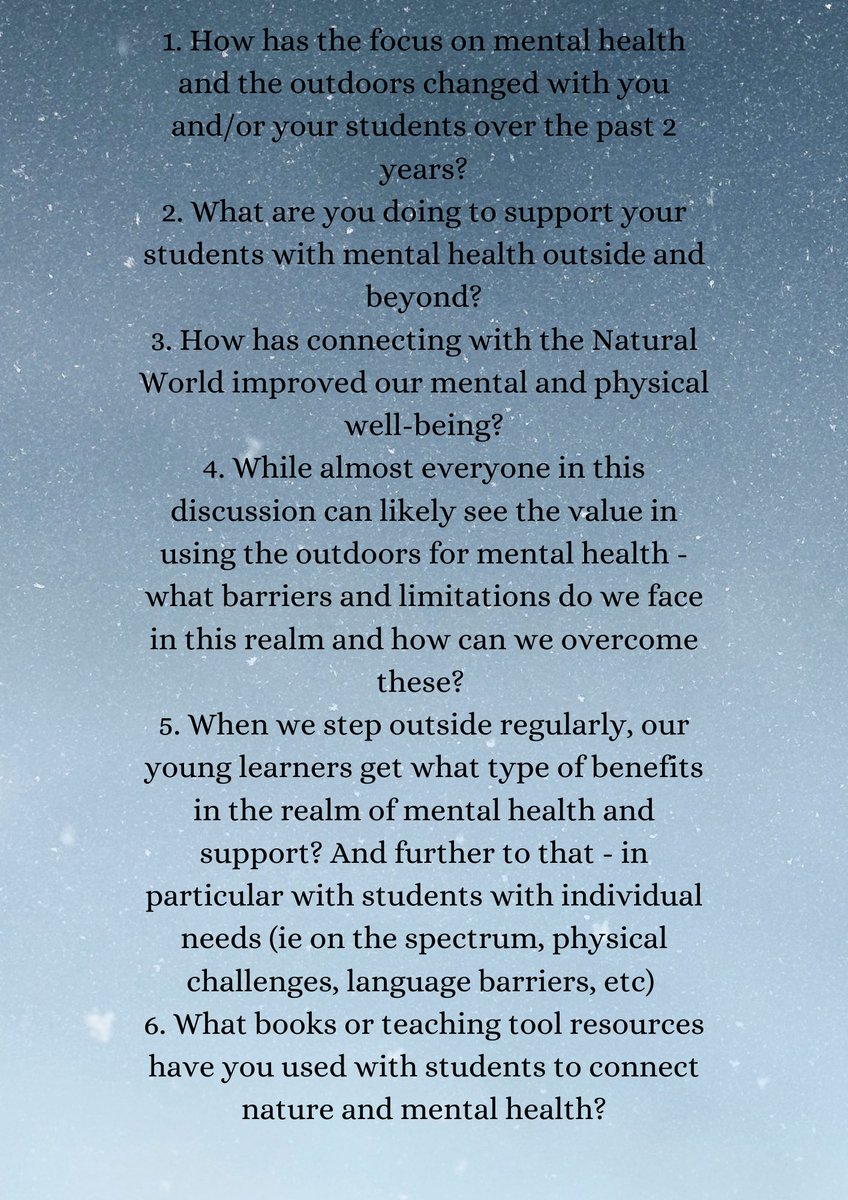 JOIN US Wednesday February 23rd, 2022 at 9-10pm EST for the next #EnviroEd chat! Focussing on connecting with the natural world to improve our mental and physical health! Please take a look at the questions that we will be discussing. Take your time and hope to chat with you!