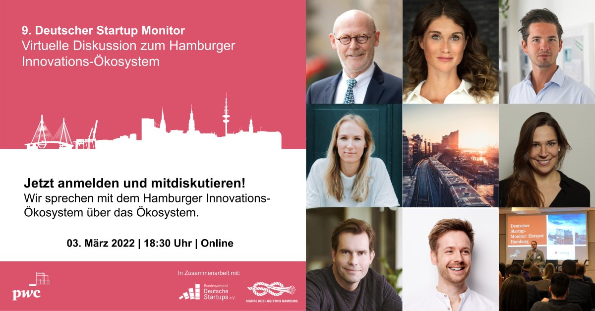 Ergebnisse des 9. Deutschen #StartupMonitors für #Hamburg. Seid dabei, wenn wir am 03. März 2022 #live aus dem Digital Hub Logistics Hamburg die regionalen Ergebnisse mit unseren #Gästen diskutieren.
Event: lnkd.in/eafa6DWp