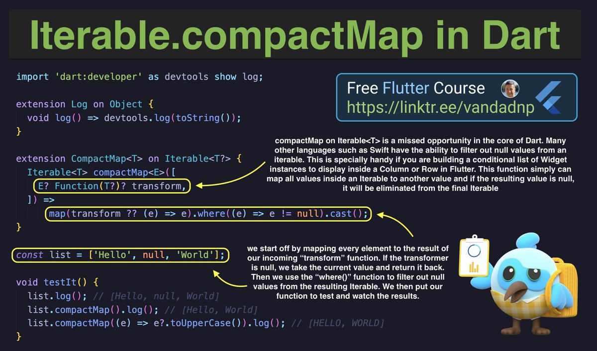 vandadnp's tweet photo. 🔥In #Flutter 💙, you can use Iterable.#compactMap in order to #remove #null values from, for instance, a #List<Widget?> that you pass to your #Column and #Row so you don't have to use #empty #Container or #SizedBox instances 🥲

source: https://t.co/a47pKKcEEv

#tipoftheday https://t.co/U06h7K4e1y