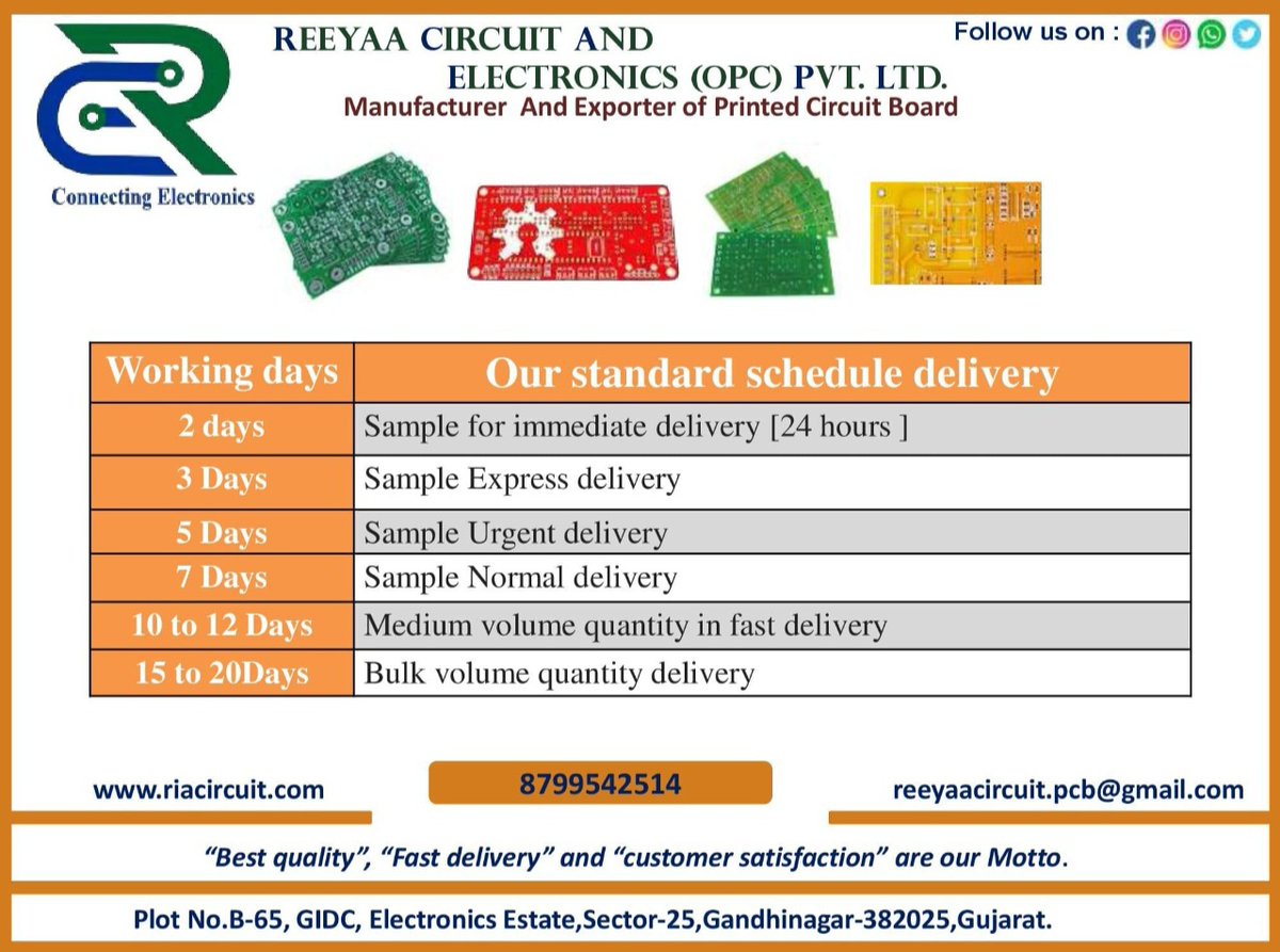 reeyaacircuit's tweet photo. #Our standard schedule delivery.
“Best quality”, “Fast delivery” and “customer satisfaction” is our Motto.
Looking forward to your valued inquiries.
#pcbmanufacturing,#doubleside,#singleside,#pcblayoutdesignfromschematic,#pcbjobwork,#pcblayoutdesignfromschematic,#pcbassembly. https://t.co/Cc7CsieZKq