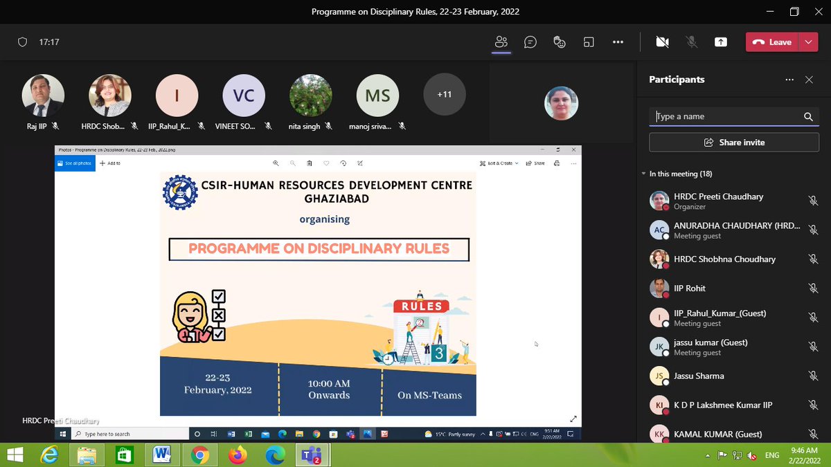 CSIR_HRDC's tweet photo. Online Programme on Disciplinary Rules, 22-23 February, 2022 for CSIR-IIP personnel, commenced today
@CSIR_IND @dgcsirIndia 
@CSIRIIP https://t.co/0ZAqD41nj4