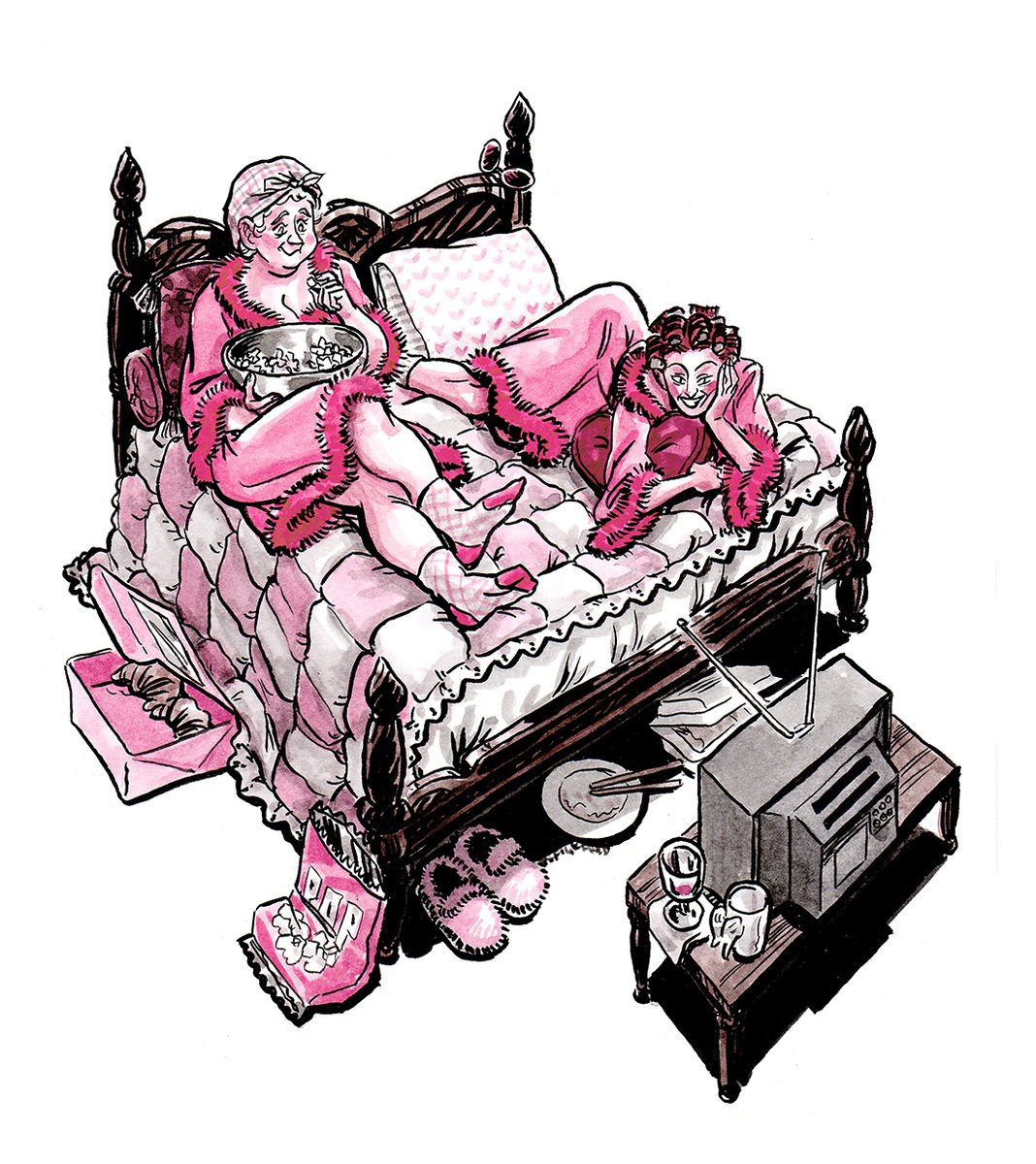 Al_Figgy's tweet photo. Dear @Thillyhead  requested an Ineffable Wives slumber party for their commission!(But what do you think they might be watching?) #ineffablewives #goodomensfanart https://t.co/bUb2Q4wjNJ