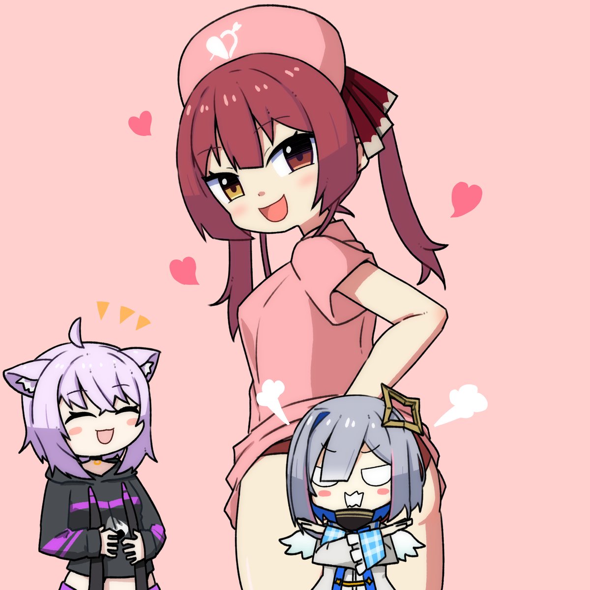 天音かなた ,宝鐘マリン ,猫又おかゆ 「#ホロかわいい塾 #絵かゆ #マリンのお宝 #かなたーと 
振り返りポーズ取ろう」|honmirinのイラスト