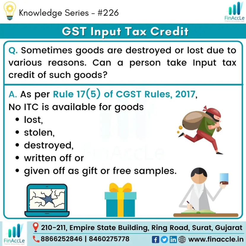 finaccle's tweet photo. Knowledge series -#226 - Input Tax Credit Availability - Do you know, you can't claim the input tax credit on goods distributed as free samples or gifts or such other conditions mentioned in the post.
Follow us & visit our website
https://t.co/QqDpd9gPJM
#gstportal #gst #finaccle https://t.co/cPya9rNq2L