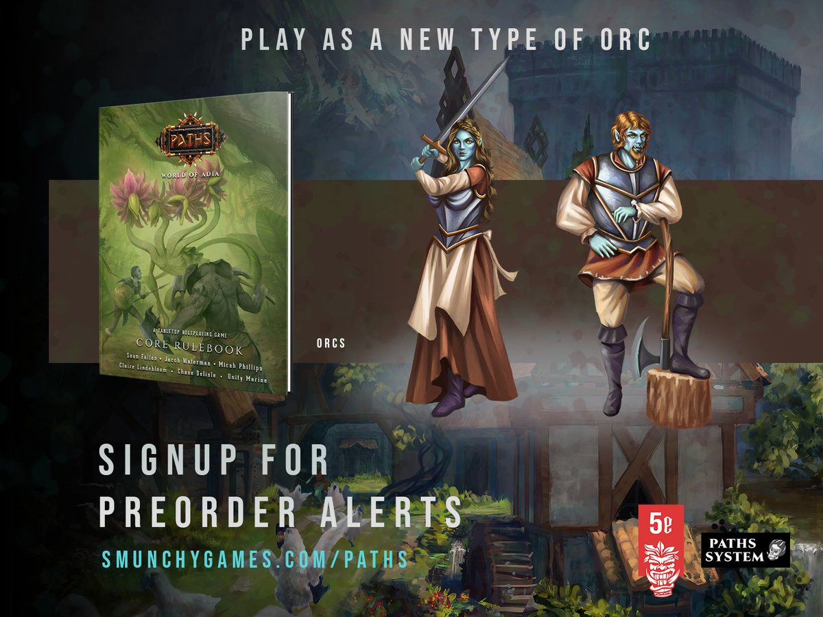 PathsRPG's tweet photo. Signup to get Pre-Order alerts for the Paths: World of Adia Tabletop RPG and play as a new type of Orc! https://t.co/8Qeb2mIPK3 #ttrpg #TTRPGs #ttrpgsolidarity #pathsrpg #DnD #dnd5e https://t.co/VFq7NamnGp