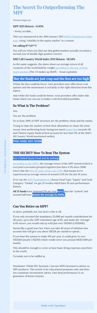TomRogersonFP's tweet photo. MPF is often hated on in Hong Kong, but what if you could hack the system??
#Investing #HongKong #MPF #PersonalFinance https://t.co/tK51jrKa4e