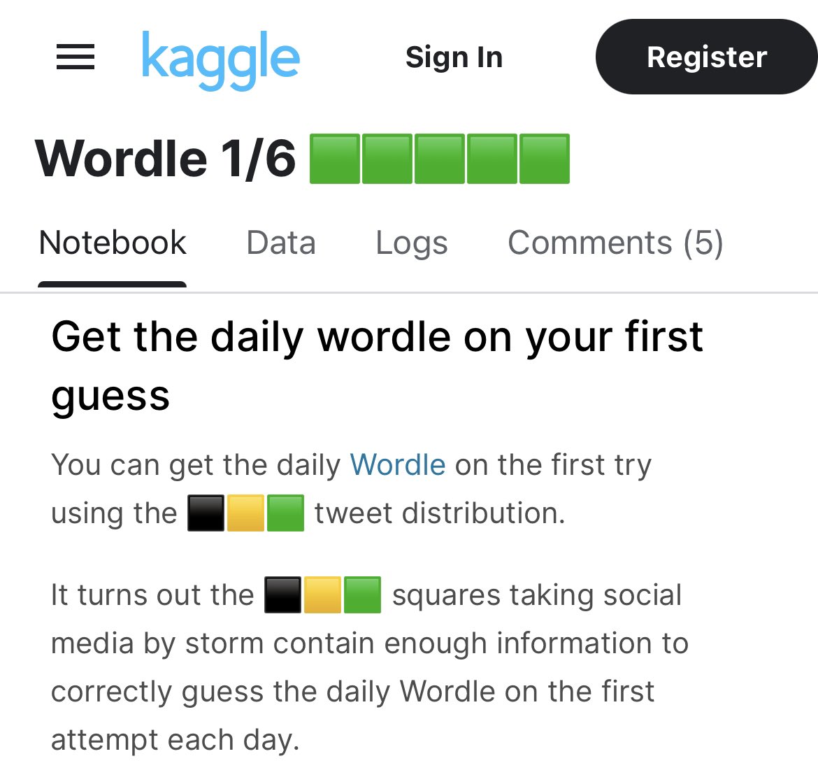 Do better at #Wordle with…
1️⃣Information Theory: youtu.be/v68zYyaEmEA
2️⃣Statistics/#MachineLearning: kaggle.com/benhamner/word…
3️⃣Mathematics: aperiodical.com/2022/02/a-math…

#Python #100DaysOfCode