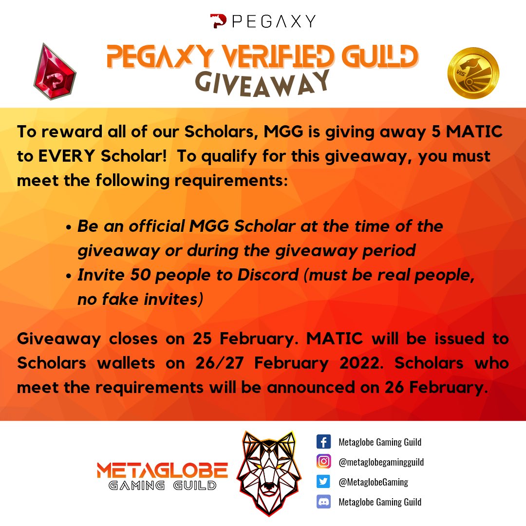 MetaglobeGaming's tweet photo. PEGAXY VERIFIED GUILD GIVEAWAY We are EXCITED to announce that our PACK is growing FAST and after just 3 weeks we have qualified to become a VERIFIED PEGAXY GUILD!

#PegaxyScholarship #Pegaxy

discord: https://t.co/ubdpZfbKBx https://t.co/Y0CCpWyFAD