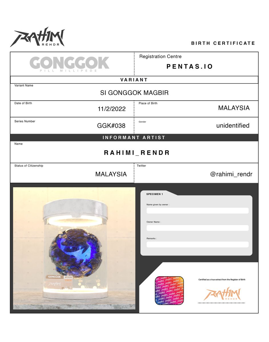 rahimi_rendr's tweet photo. Congratulations 
@sukaadi1 
 for collecting Si Gonggok. Thank you so much for your support. Here the digital Birth Certificate of our collection. https://t.co/uosL2Gp3u8