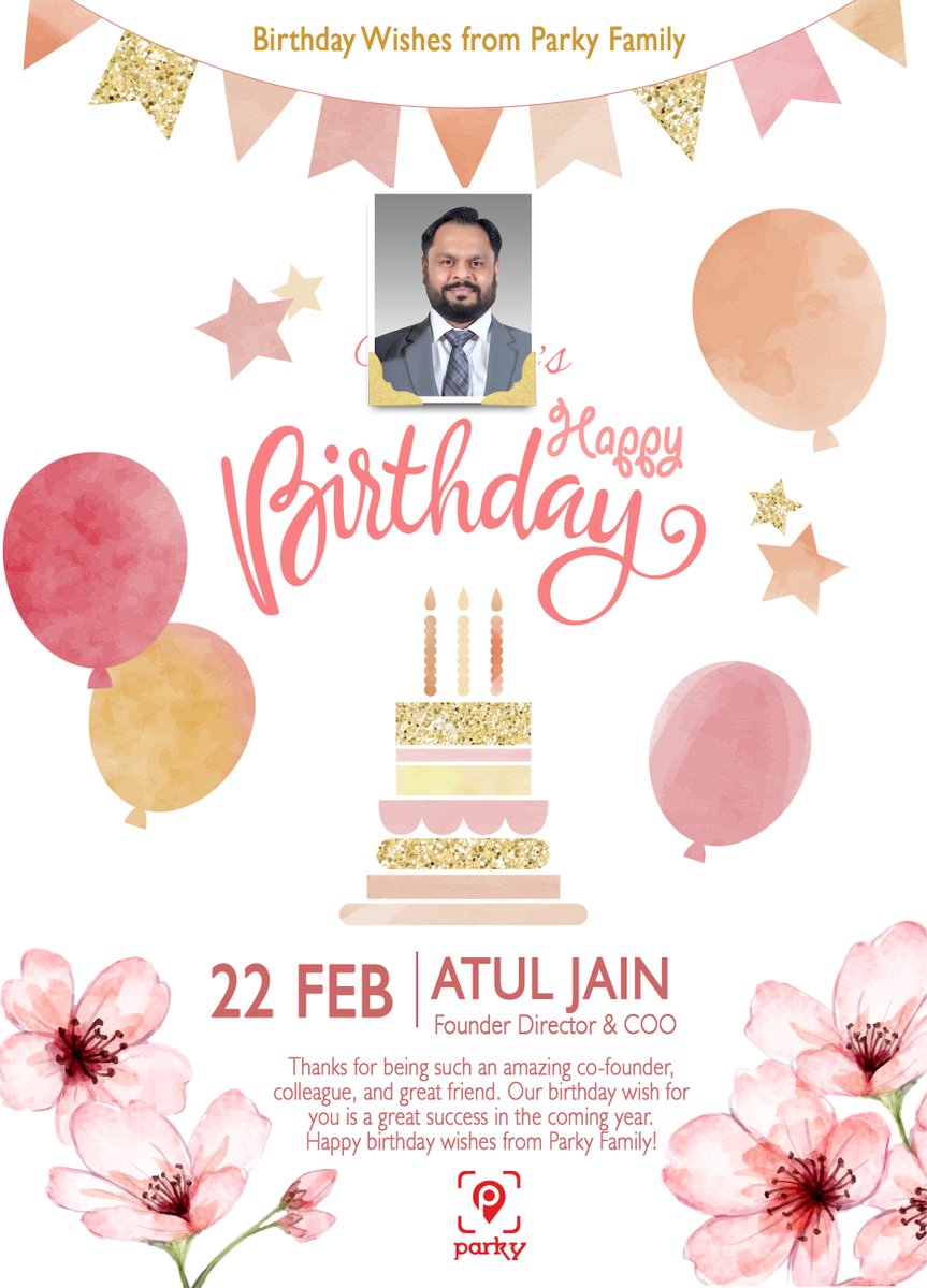 ParkyIndia's tweet photo. #BirthDayWishesFromParkyFamily
Dear Mr. Atul Jain-Founder Director &amp; COO 
Thanks for being such an amazing co-founder, colleague, and great friend. Our birthday wish for you is a great success in the coming year. Happy birthday wishes from Parky Family!
#birthday https://t.co/CDVX0d6FJa
