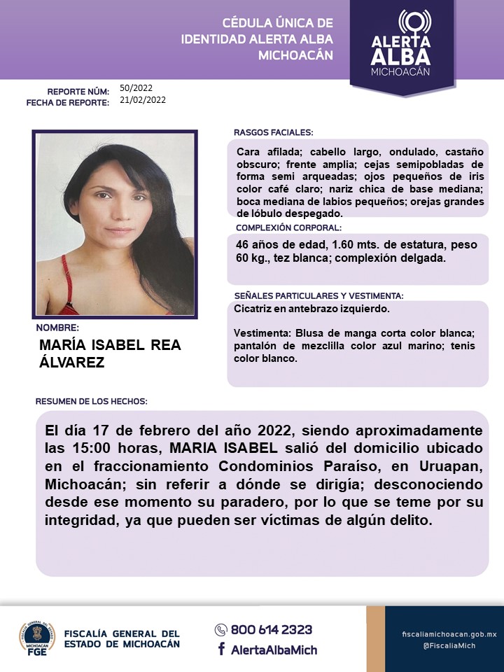 AlertaAlbaMich's tweet photo. Solicitamos su apoyo para la búsqueda y localización de MARÍA ISABEL REA ÁLVREZ de 46 años de edad. #Comparte #AlertaAlba #AlertaAlbaMichoacán #AyúdanosAEncontrarla #FGEMich @botDesaparecidx https://t.co/gHD2du5bYz