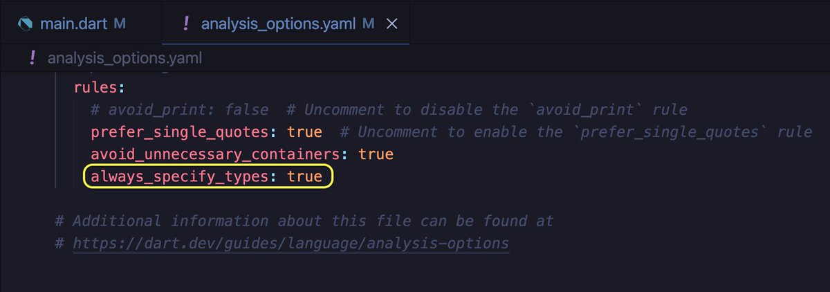 vandadnp's tweet image. If you're tired of some data-types being specified and some being omitted in your #Flutter 💙 code-base, simply add "always_specify_types: true" to your #analysis_options.yaml file. Setting this to true ensures all your types need to be #explicitly #specified! 🥲

#tipoftheday