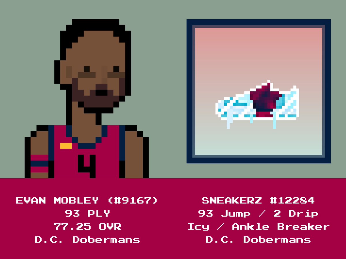 My 93 PLY <a href="/evanmobley/">Evan Mobley</a> doppelgänger quickly grabbed 93 Jump Icy Sneakerz with Ankle Breaker enhancement. The best part is that these are matching his <a href="/DCDobermans/">DC Dobermans</a> team. Nice pick, Evan!