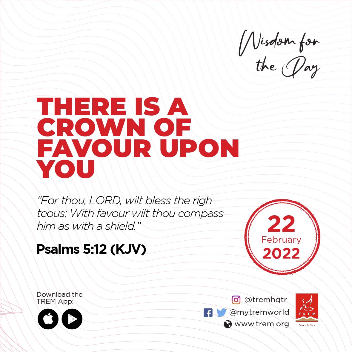 tremhqt's tweet photo. TITLE: THERE IS A CROWN OF FAVOUR UPON YOU
SCRIPTURAL TEXT: Psalms 5:12

Favour is your birthright as a child of God. But you can't walk in it until you understand that there is a crown of favor upon you.

READ MORE: https://t.co/P8XHqizSZ3

#TREM #WFTD #DailyDevotional https://t.co/7Vyyt399uK