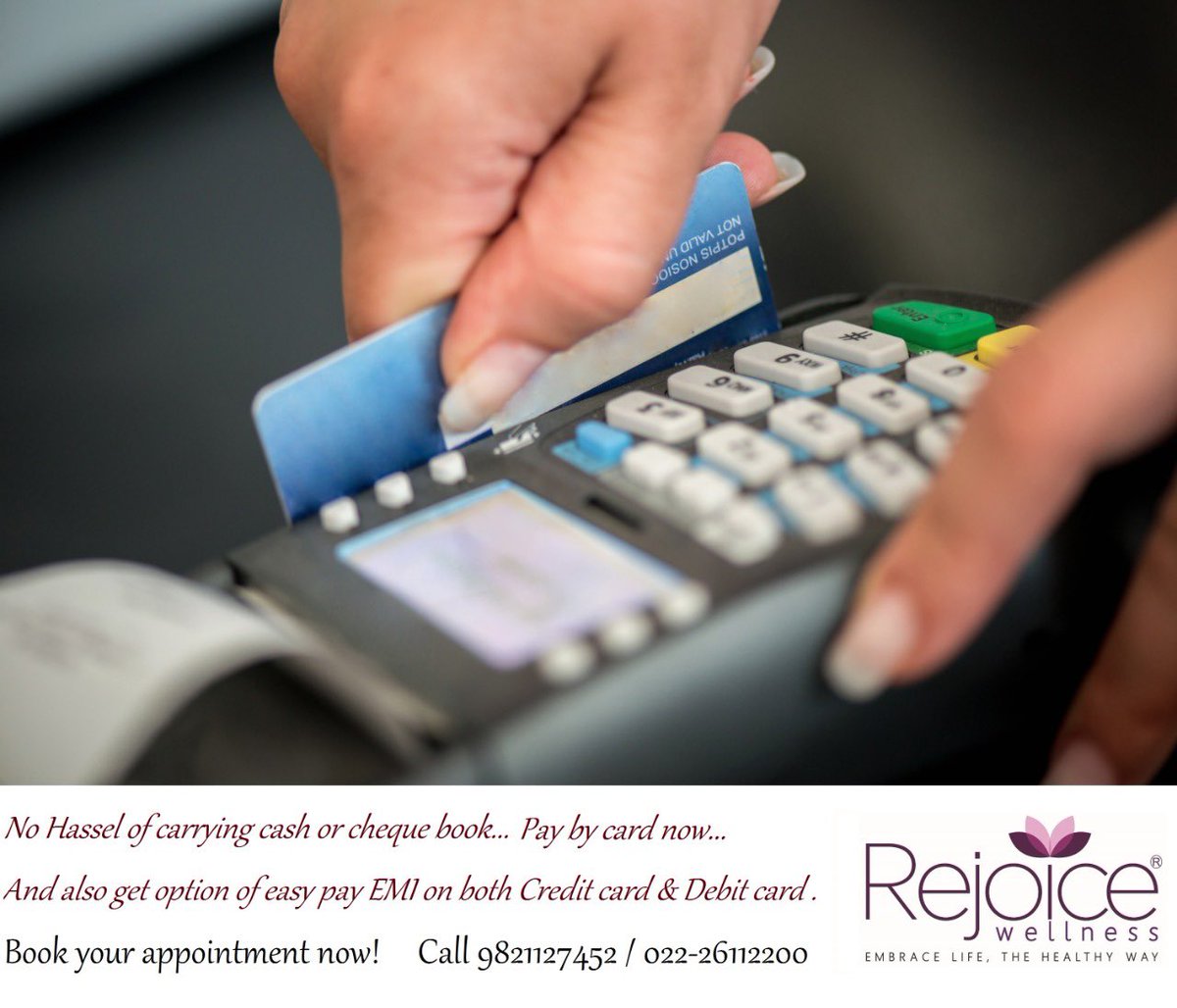 RejoiceWellness's tweet photo. #Card #payments have made payments easy now…
And to sweeten the deal more…
Now pay with easy #EMI options both with your #Debit &amp; #Credit cards…
Now do not delay your #Fitness #appointment…
#Book today!
Call 9821127452 / 022-26112200 https://t.co/vOps4zzCfB