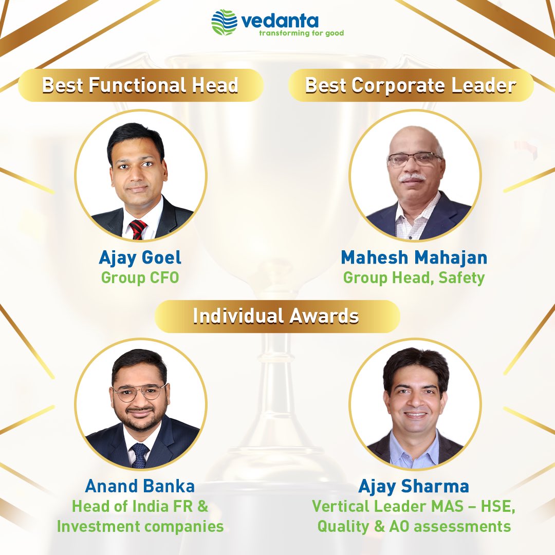 Vedanta_Group's tweet photo. Congratulations to the corporate winners of Chairman's Awards for January 2022, who broke new ground in Digitisation, Finance, HSE, HR, MAS, Commercial & Marketing. Your focus on excellence is paving the way for Vedanta's continued growth & transformation. #TransformingWorkforce https://t.co/068R3WLCXR
