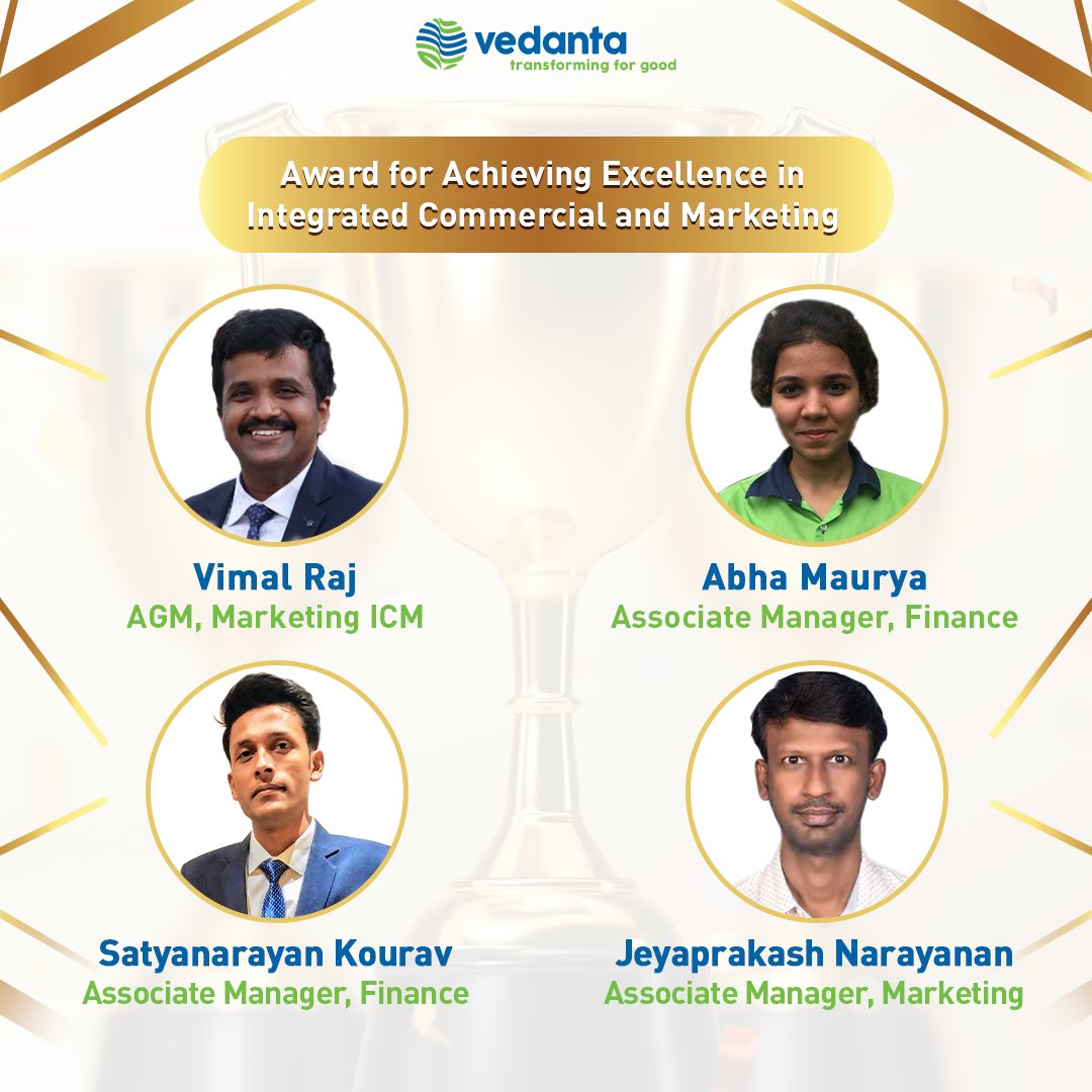 Vedanta_Group's tweet photo. Congratulations to the corporate winners of Chairman's Awards for January 2022, who broke new ground in Digitisation, Finance, HSE, HR, MAS, Commercial & Marketing. Your focus on excellence is paving the way for Vedanta's continued growth & transformation. #TransformingWorkforce https://t.co/068R3WLCXR