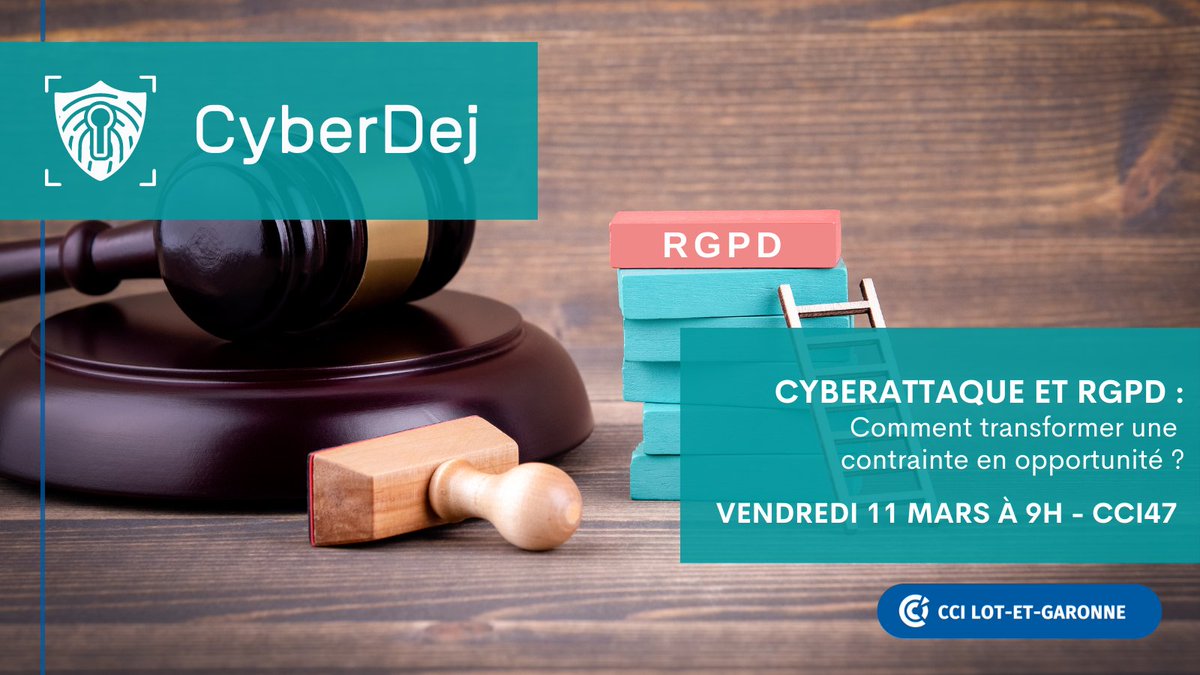 CCI47's tweet photo. [CYBERSÉCURITÉ]
🔏 Comment faire face aux menaces et protéger les données à caractère personnel ?
👉 Réponse le 11 mars prochain au CyberDéj #CCI47 ! 

📌 Au programme : notions clés, code de conduite, plan d’actions, retour d’expériences...
Inscription : https://t.co/xS0ji2sDIy https://t.co/kl5mQVRvDq