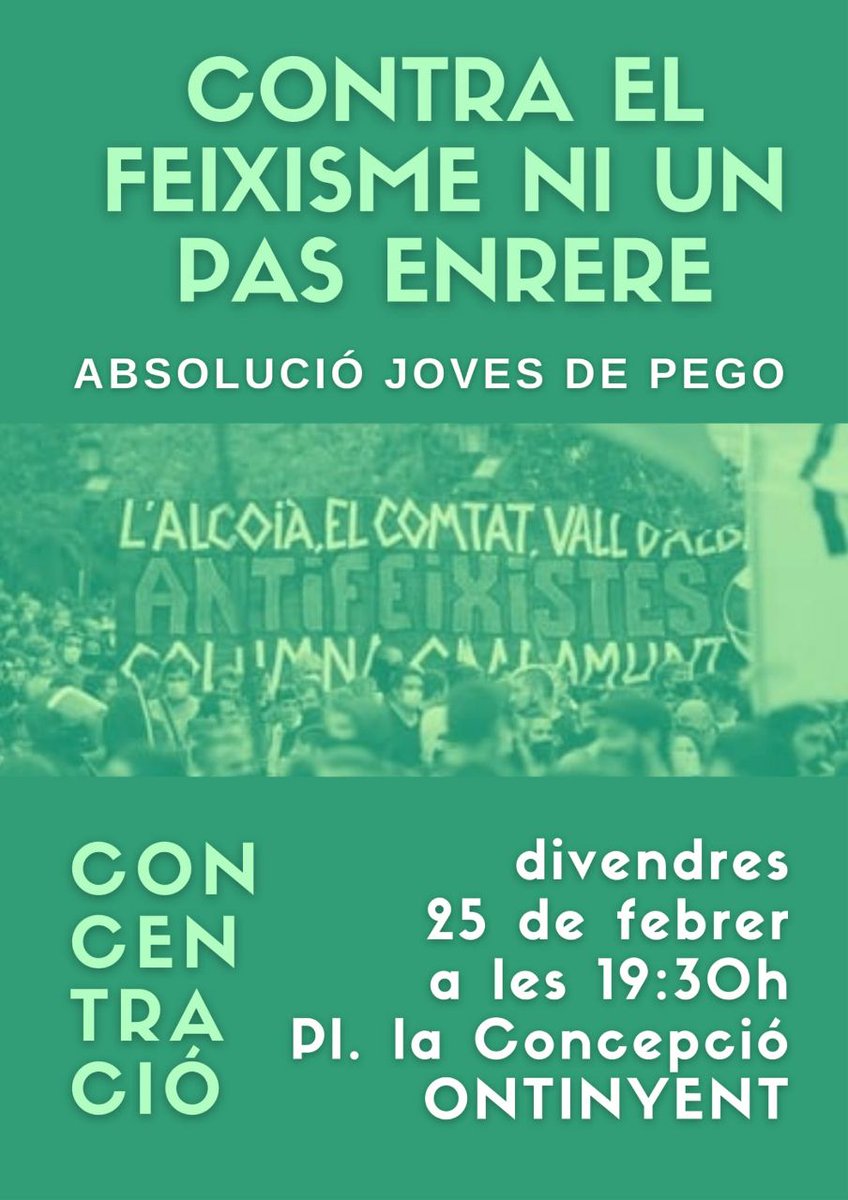 ➡️ I el pròxim cap de setmana la gent d'Ontinyent se solidaritzen amb els joves pegolins antifeixistes. 

ESTENEM LA SOLIDARITAT 
CONTINUEM LA LLUITA

✊✊🏴🚩

#PegoAntifeixista
#PVAntifeixista #UnimLesLluites #ValenciaAntifeixista
#ElsCarrersSeranSempreNostres